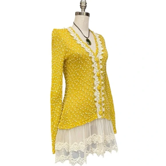 A’reve Mustard Yellow Lace Floral Ruffle Hem Cardigan Tunic Size Medium - Picture 1 of 11